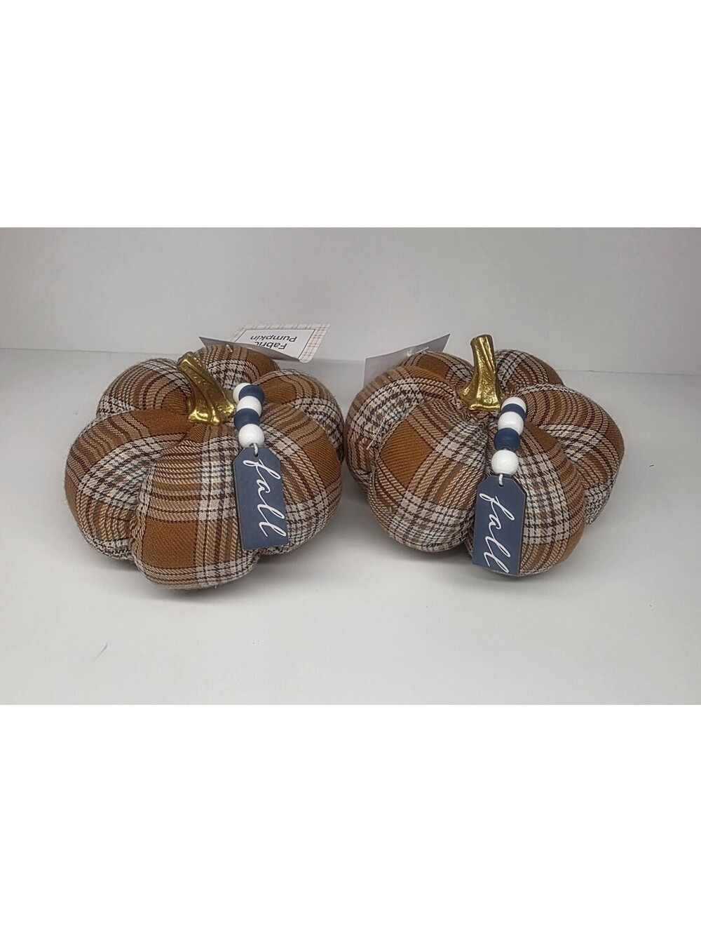 Knit Fabric 6" Pumpkin With Fall Tag Autumn Plaid Decoration 2 Pack